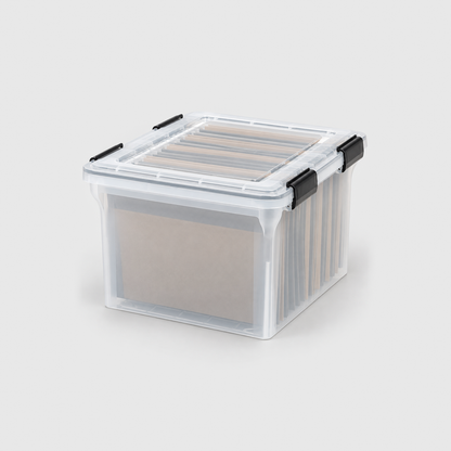 Clear plastic file storage box with four black latching clips and hanging folders inside on a light grey background