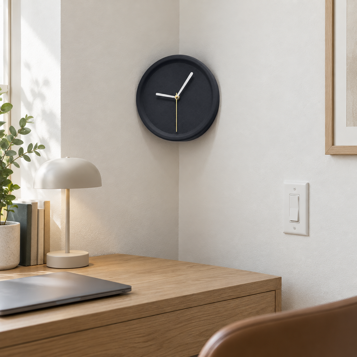 Black corner wall clock in the corner above a home office desk
