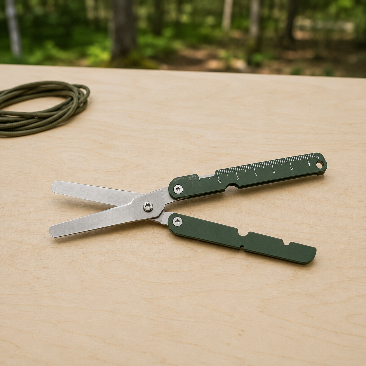 Dark green folding pocket scissors open on a pale birch camp table, a coil of cord behind them.