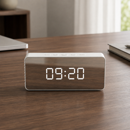 The mirror alarm clock on a dark walnut desk in daylight showing 09:20 in large white digits, a laptop at the left, a notebook at the right and a bright window behind