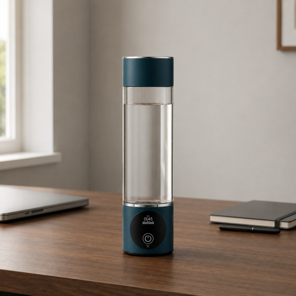 Emerald Green hydrogen water bottle standing on a wooden desk beside a laptop and a notebook