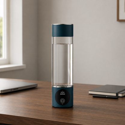 Emerald Green hydrogen water bottle standing on a wooden desk beside a laptop and a notebook