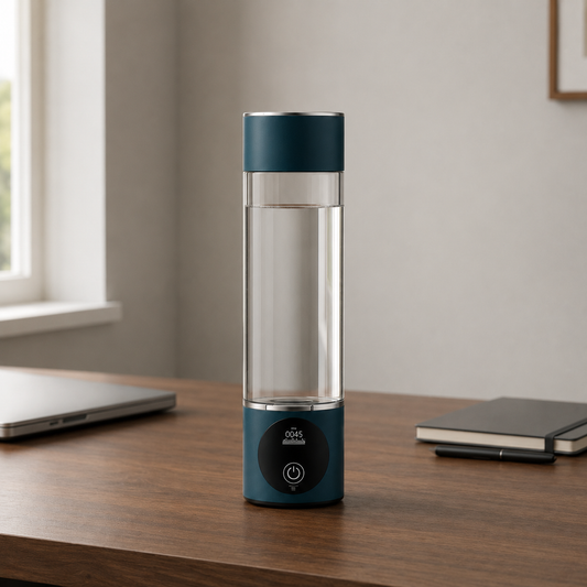 Emerald Green hydrogen water bottle standing on a wooden desk beside a laptop and a notebook