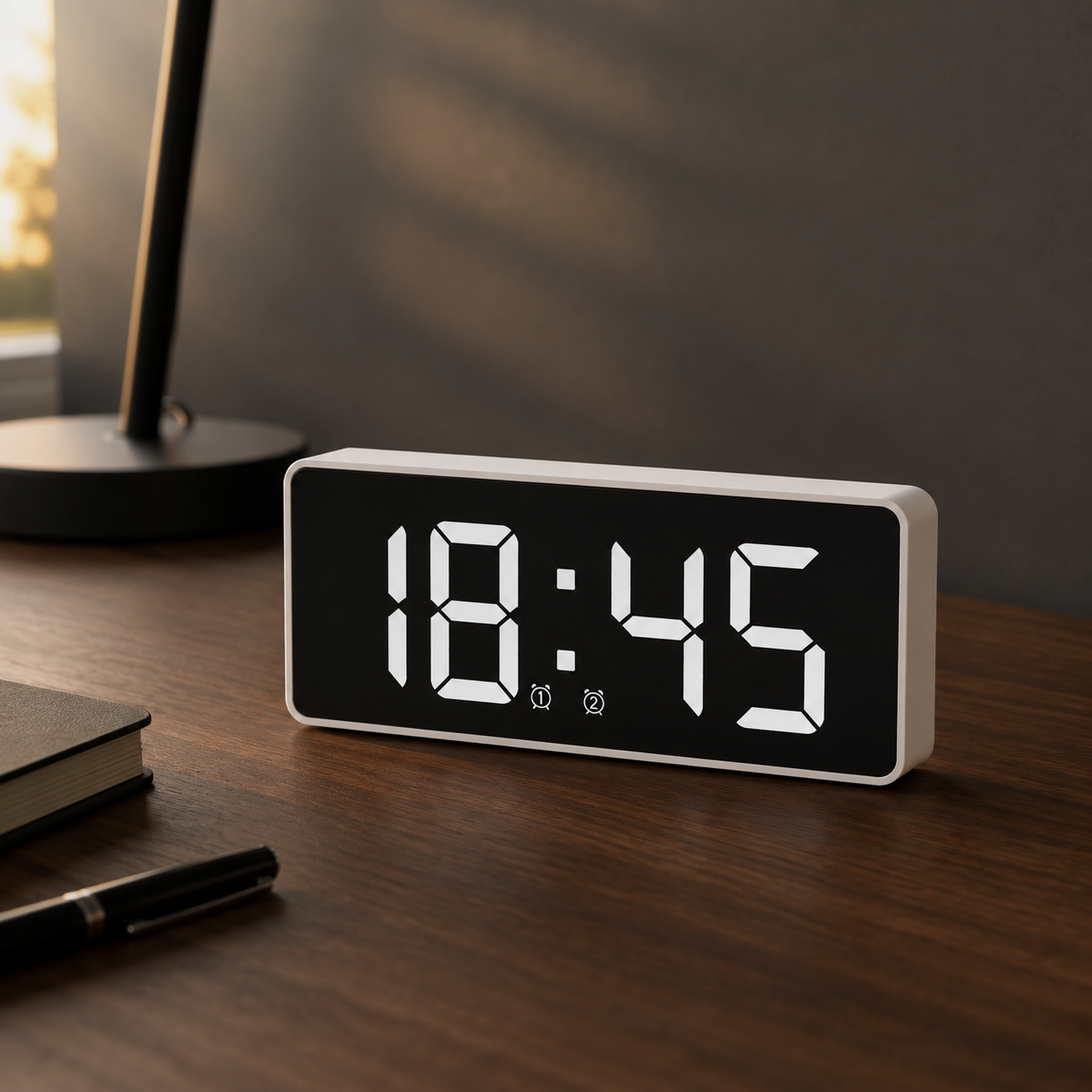 White digital alarm clock with a flat black display and two alarm indicators, on a walnut desk in early evening light, showing 18:45