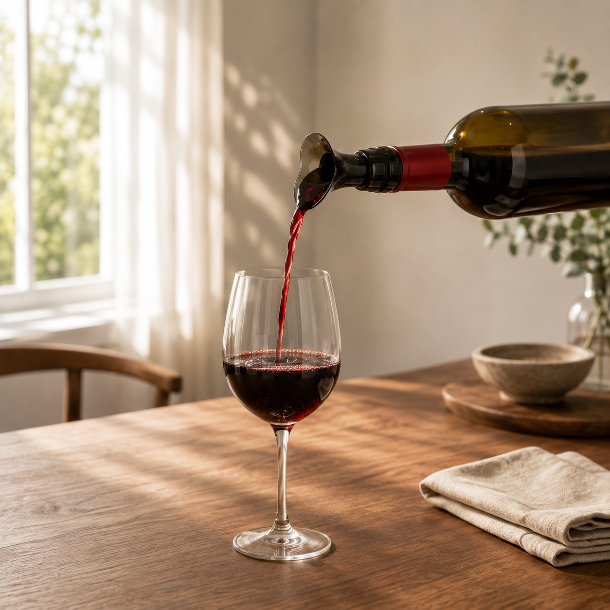Red wine pouring from a bottle across the wide dish of the open stopper into a glass on a dining table