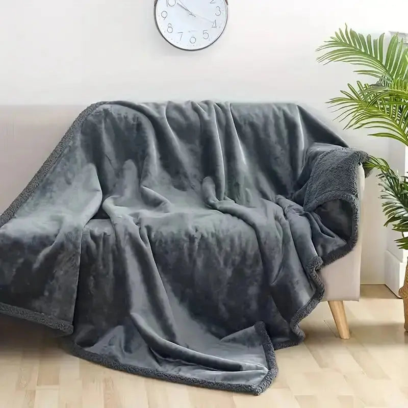 Gray plush throw draped over a light couch with a sherpa corner turned back