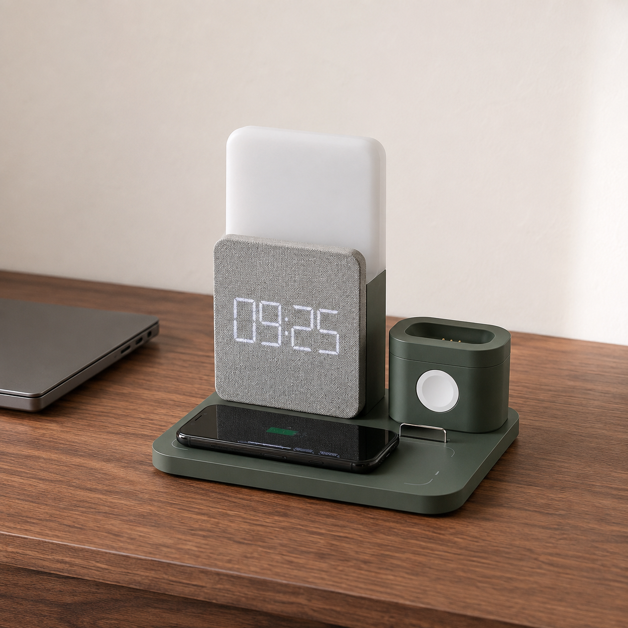 Green charging station with light gray fabric clock face on a walnut study desk, phone charging on the pad