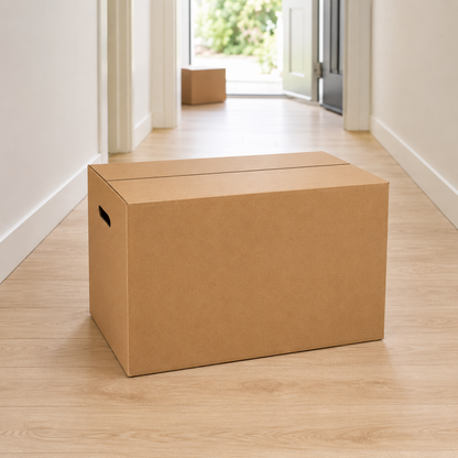 Closed kraft cardboard moving box standing in a bright hallway, hand hole cut into the end