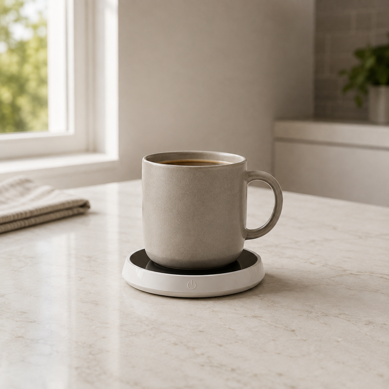 Mug warmer on a pale stone kitchen counter with a stoneware mug of coffee on it