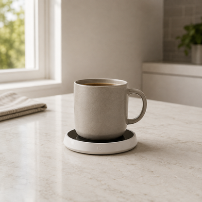 Mug warmer on a pale stone kitchen counter with a stoneware mug of coffee on it