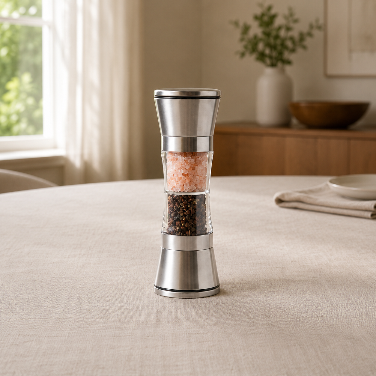 A dual ended salt and pepper mill on a laid dining table