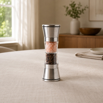 A dual ended salt and pepper mill on a laid dining table