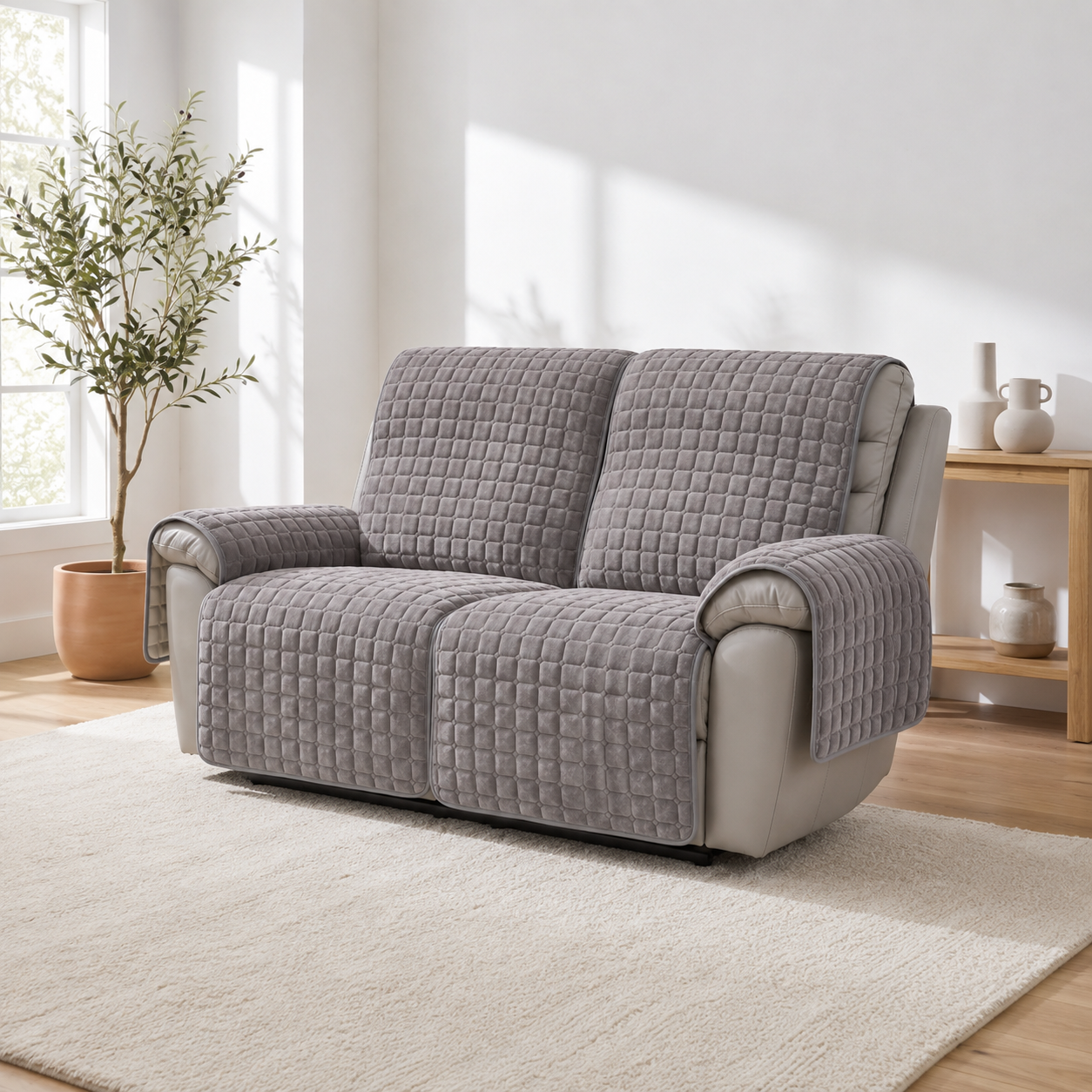 Gray quilted cover laid over a two seat reclining loveseat beside a bright window, with a separate quilted panel over each arm