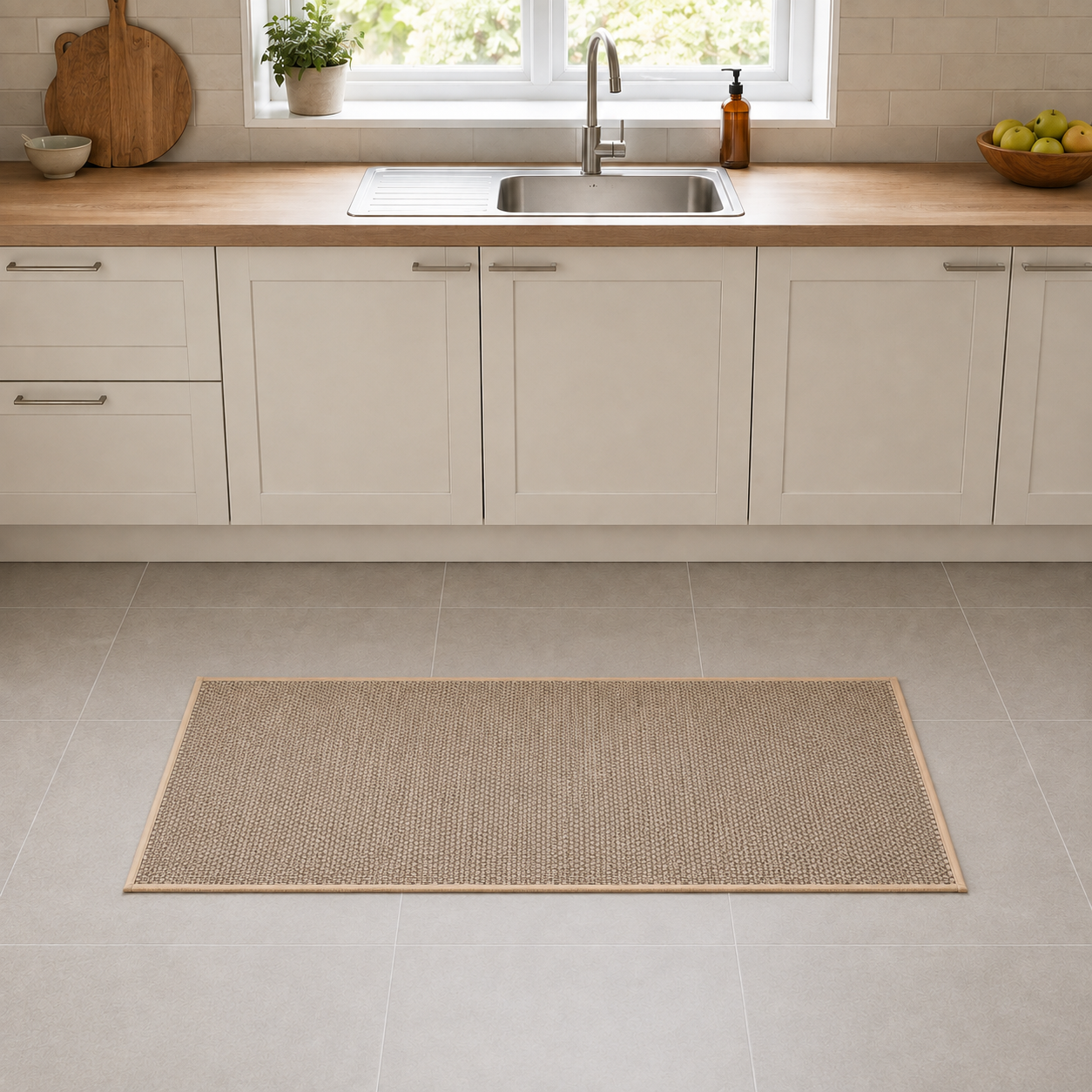 Beige woven kitchen rug on grey tile in front of a kitchen sink