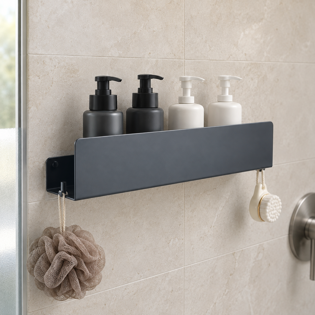 Black wall-mounted shower shelf holding four pump bottles on a pale stone shower wall, a loofah and a face brush hanging from its end hooks