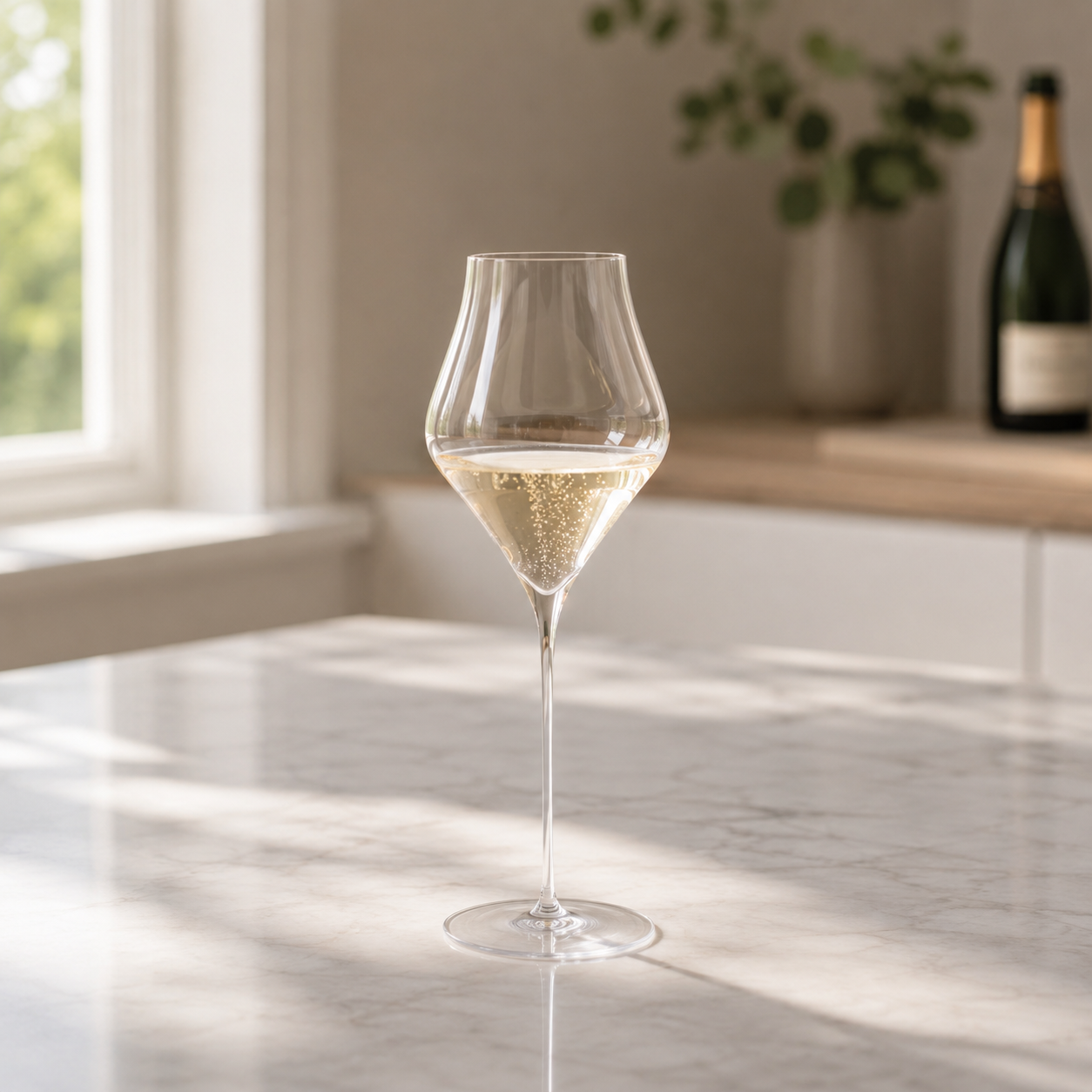 A champagne glass with a wide tulip bowl on a marble kitchen counter