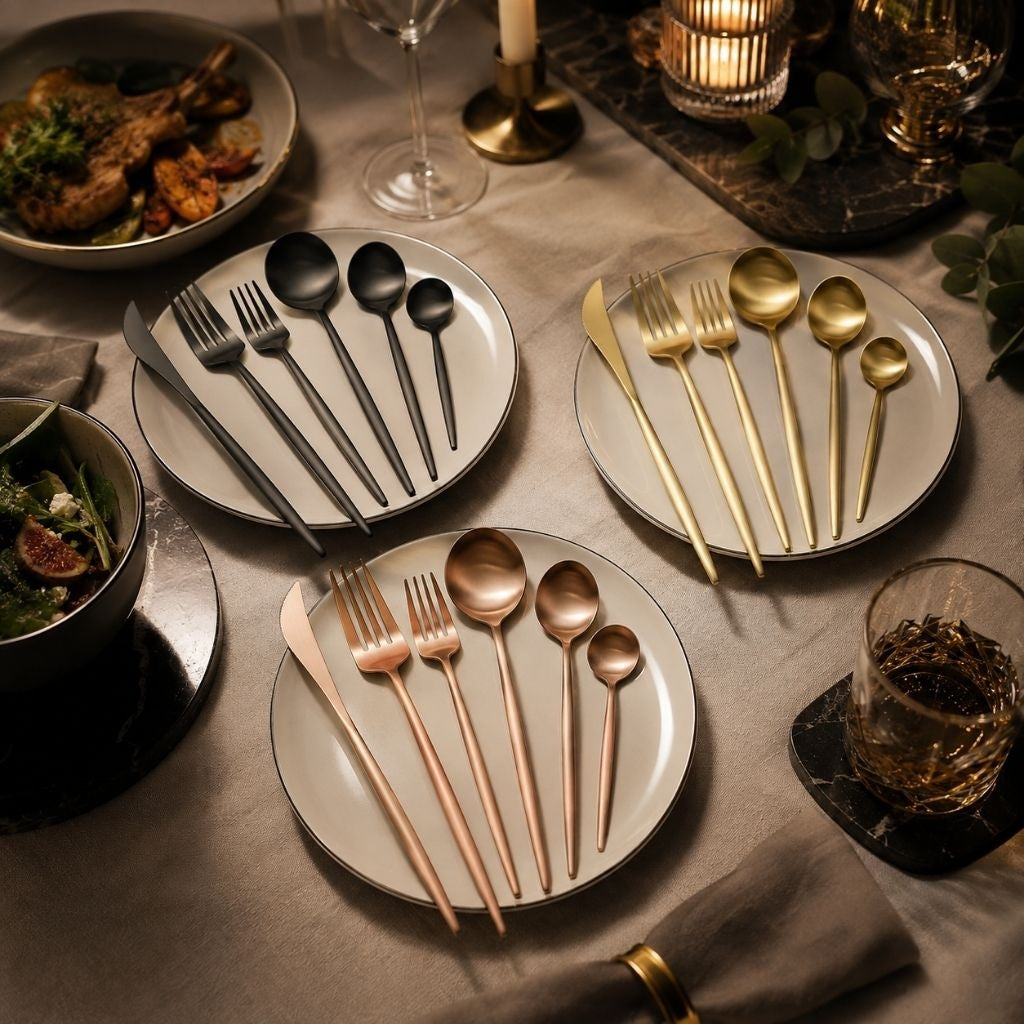 Matte black, gold and rose gold cutlery place settings on three plates at a candlelit dinner table