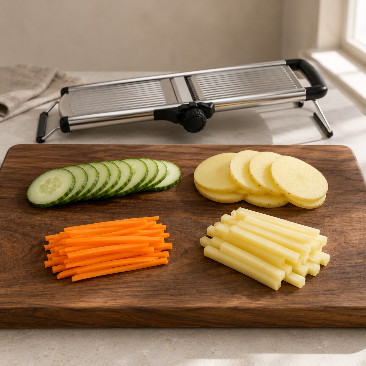 Walnut board holding four uniform piles of cut vegetables, cucumber rounds, potato discs, carrot matchsticks and potato batons, with the mandoline behind