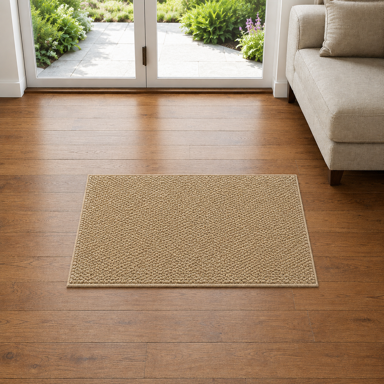 Beige loop pile doormat lying flat on mid-brown oak boards just inside a glazed patio door, centred in the frame with clear floor on all four sides