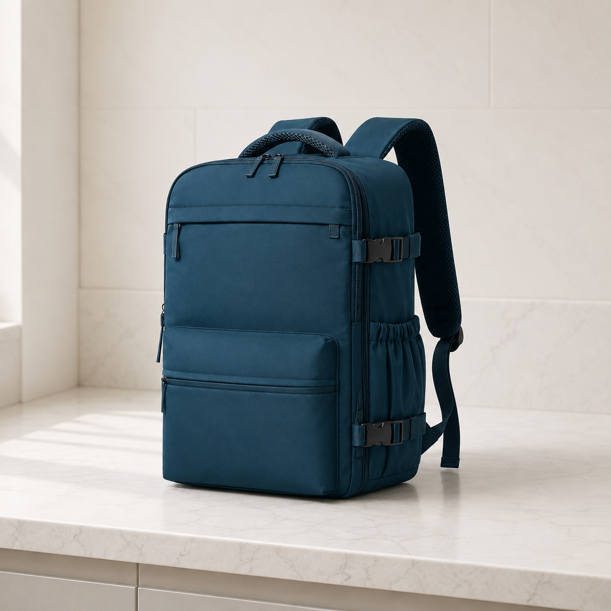 Blue laptop backpack on a pale marble kitchen counter in daylight