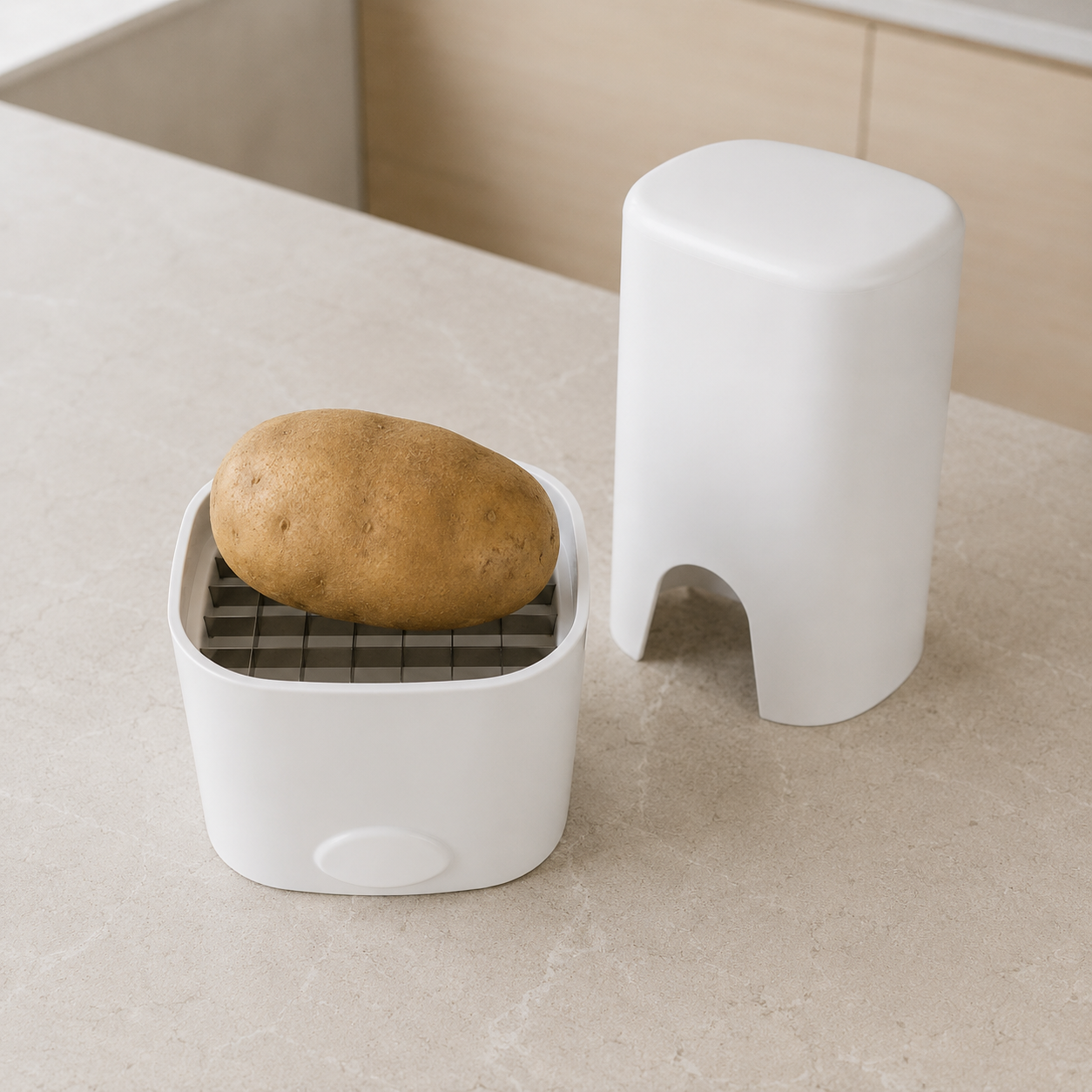 A whole raw potato resting on the stainless steel blade grid, with the press standing separately behind