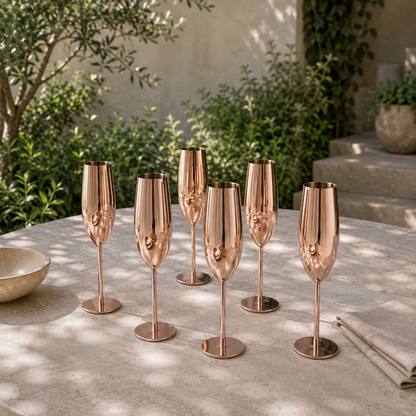 Six rose gold stainless steel champagne flutes on a stone garden table in summer daylight