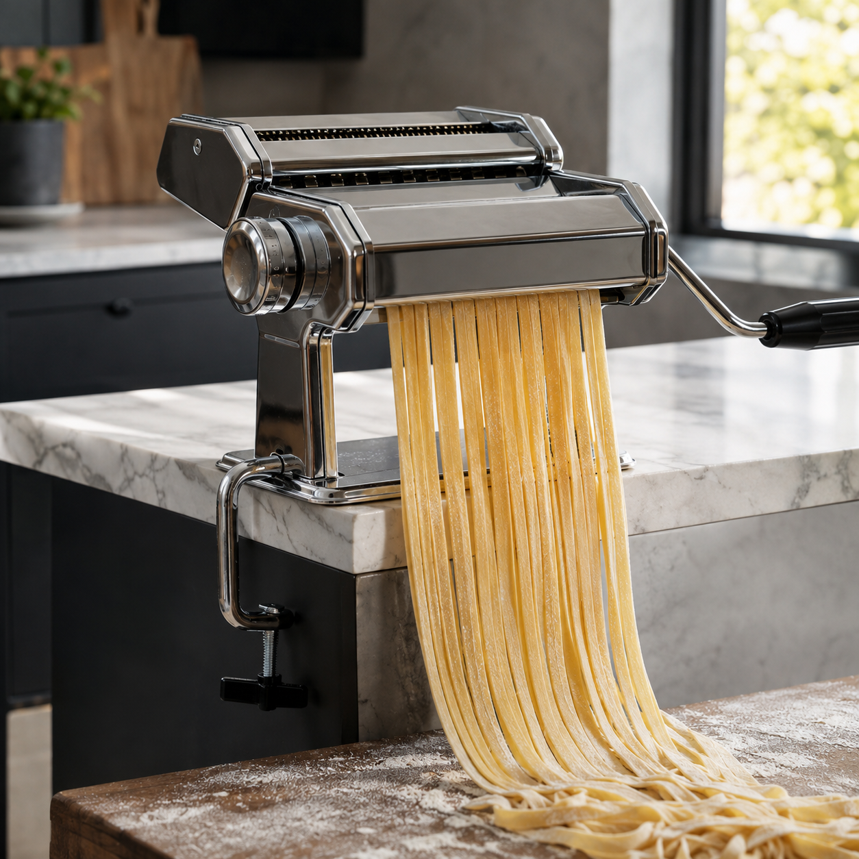 Freshly cut tagliatelle falling in a curtain from the pasta maker's cutter onto a floured marble worktop