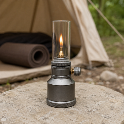 The lit lantern standing on a flat pale stone outside a tent in daylight, with a rolled sleeping mat and canvas out of focus behind it