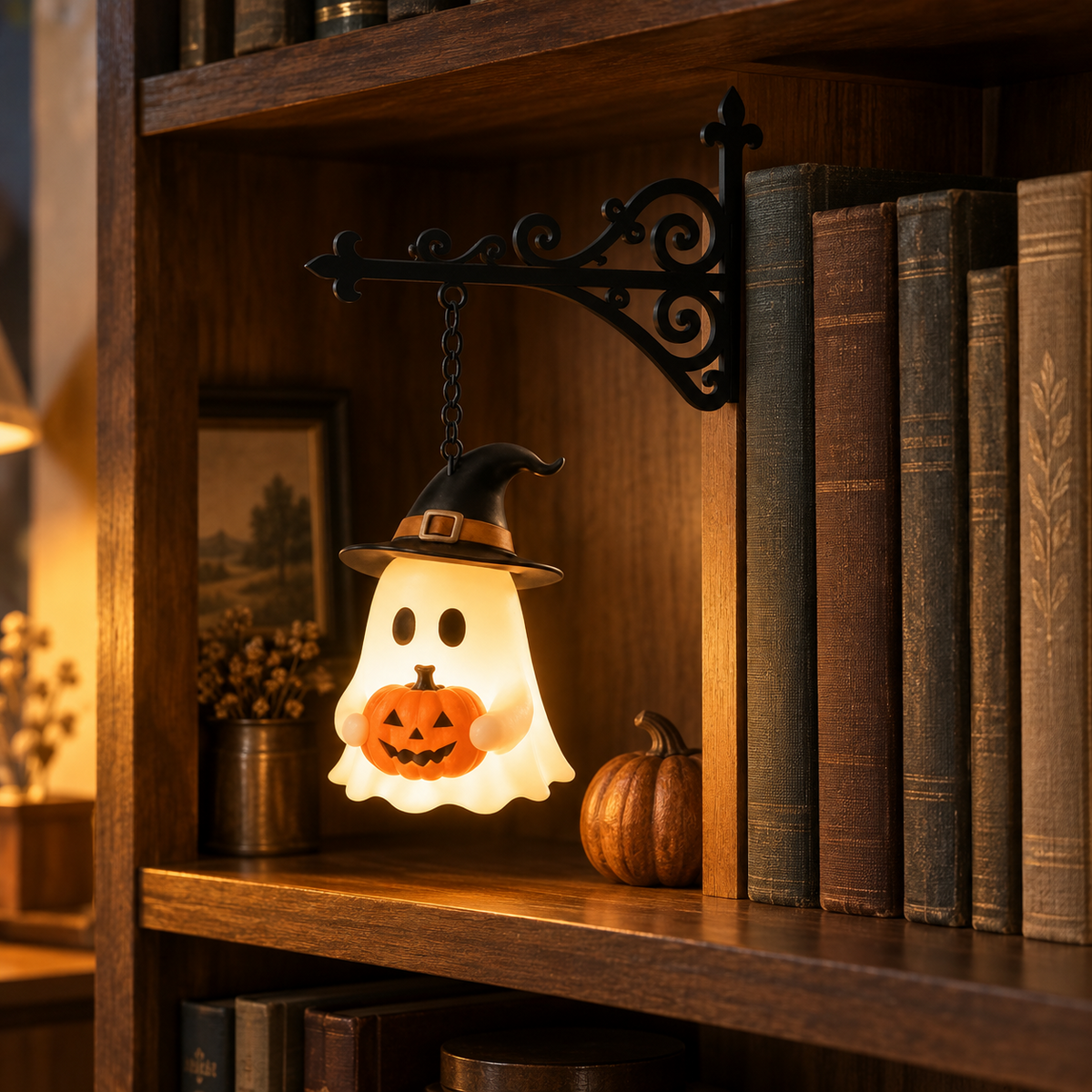 Witch Ghost pendant in a buckled black hat holding an orange jack-o'-lantern, on the bracket on a walnut study shelf at dusk