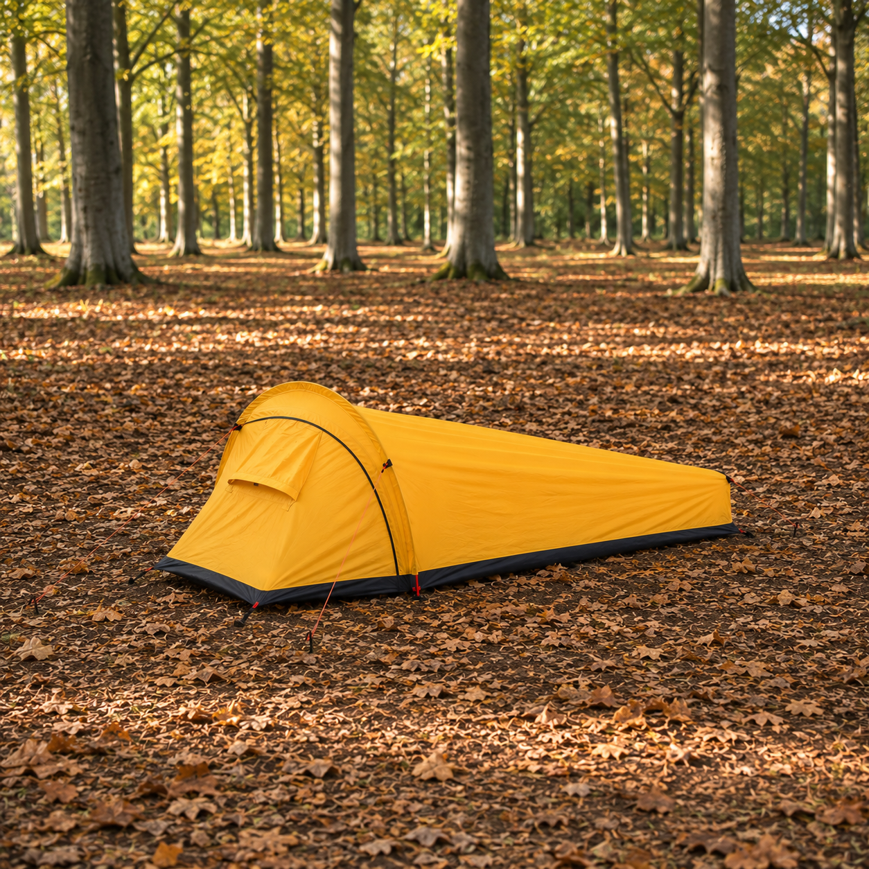 Yellow one-person backpacking tent pitched on fallen leaves in an autumn beech woodland, arched head end to the left tapering away to the right