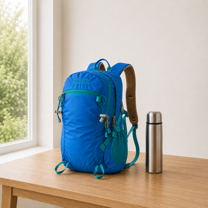 Blue 30L hiking day pack with teal trim standing on a pale oak kitchen table beside a steel flask