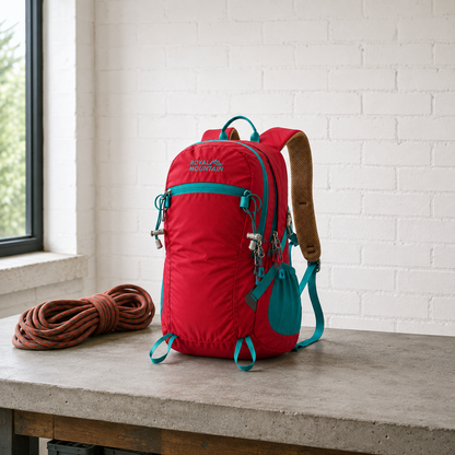 Red 30L hiking day pack with teal trim standing on a concrete workbench beside a coiled walking rope