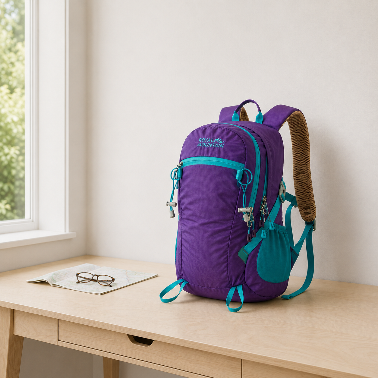 Purple 30L hiking day pack with teal trim standing on an oak study desk beside a pair of reading glasses