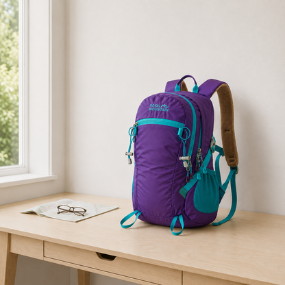 Purple 30L hiking day pack with teal trim standing on an oak study desk beside a pair of reading glasses