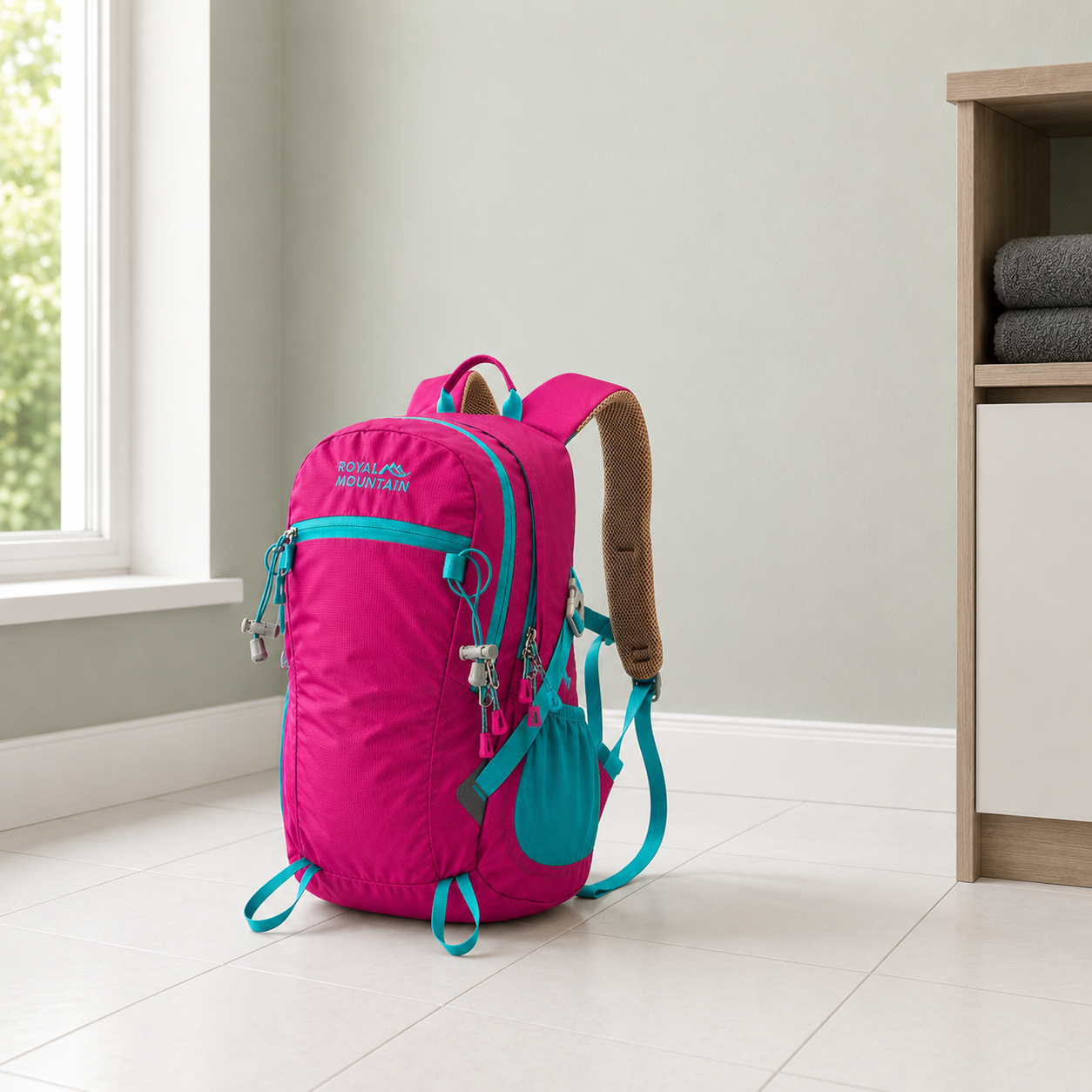 Pink 30L hiking day pack with teal trim standing on the tiled floor of a utility room
