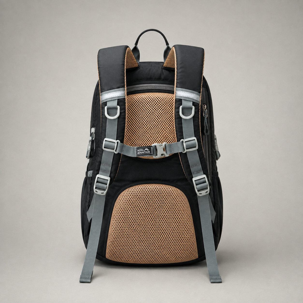 Studio photograph of the black 30L hiking day pack from the back, showing both shoulder straps, the sternum strap and the vented mesh back panel