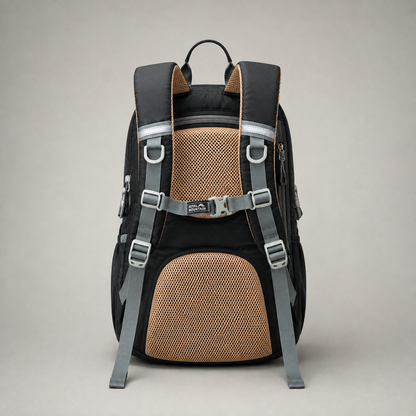 Studio photograph of the black 30L hiking day pack from the back, showing both shoulder straps, the sternum strap and the vented mesh back panel