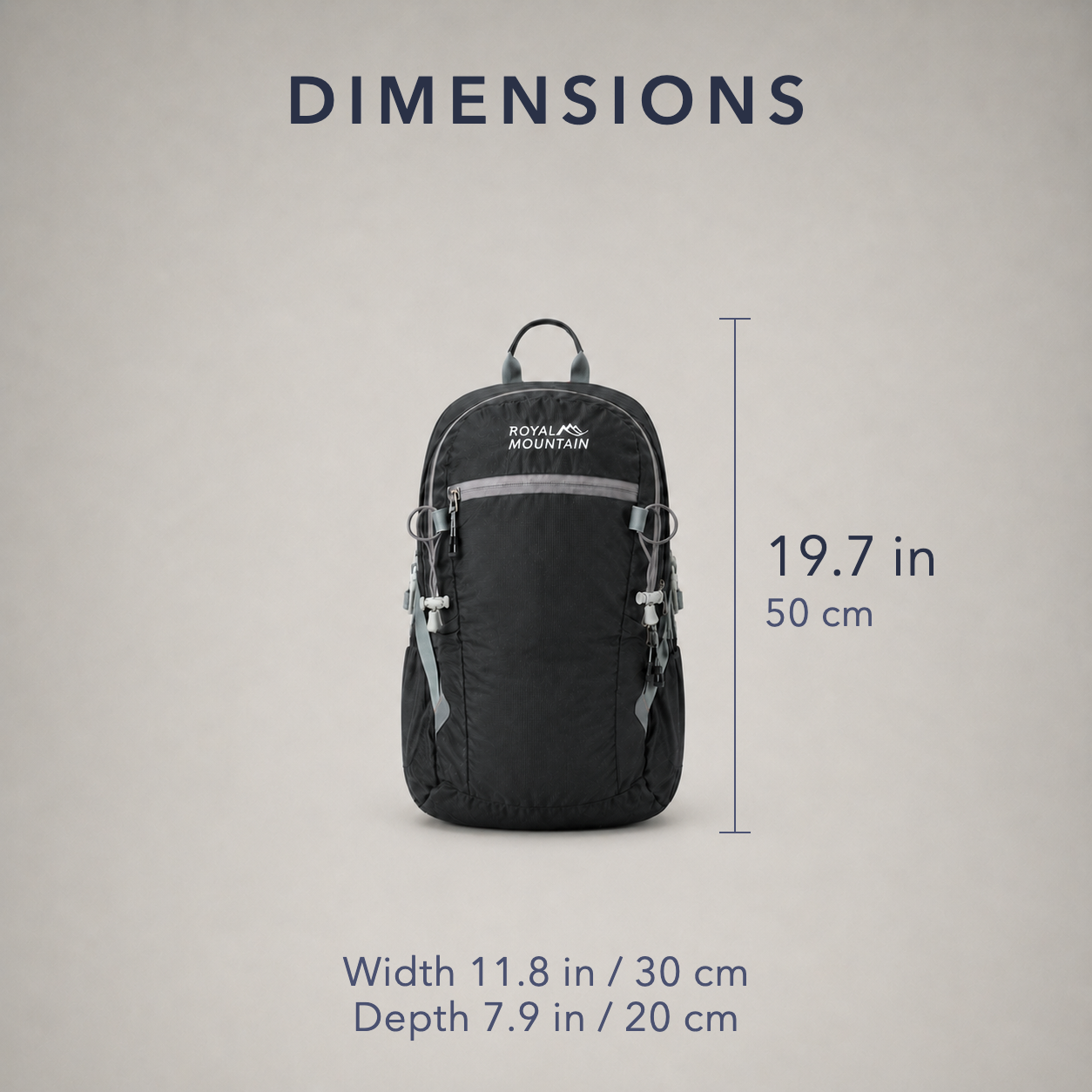 Dimension diagram of the 30L hiking day pack, 19.7 inches tall by 11.8 inches wide and 7.9 inches deep