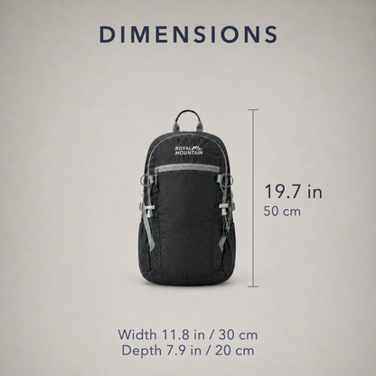 Dimension diagram of the 30L hiking day pack, 19.7 inches tall by 11.8 inches wide and 7.9 inches deep