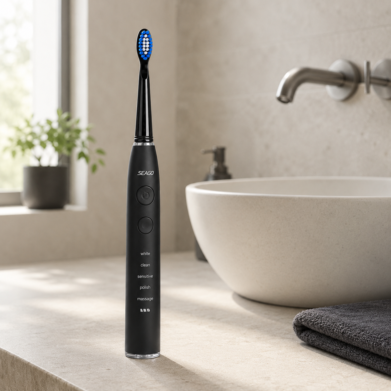 Electric toothbrush standing on a stone bathroom counter beside a basin in daylight