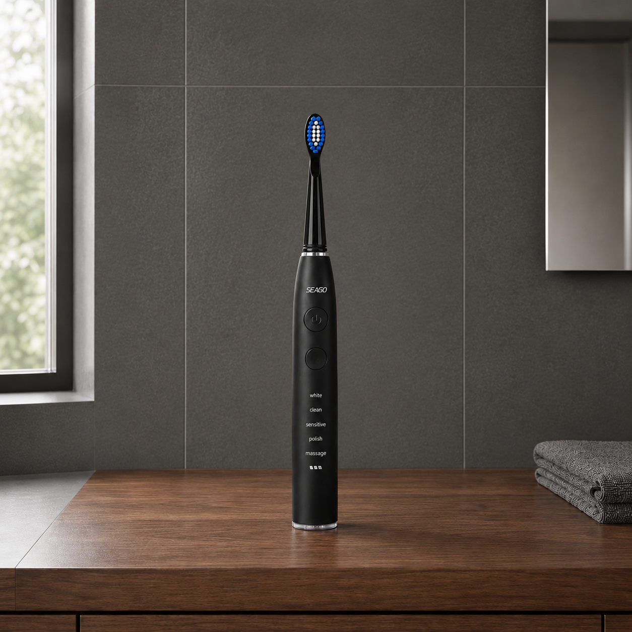 Electric toothbrush standing on a walnut vanity top in a tiled bathroom