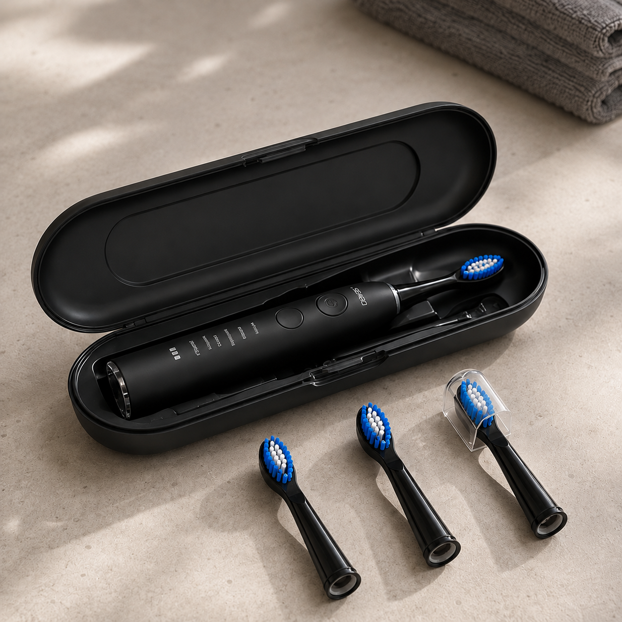 Electric toothbrush in its open travel case with three spare brush heads alongside, four heads in total
