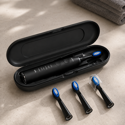 Electric toothbrush in its open travel case with three spare brush heads alongside, four heads in total