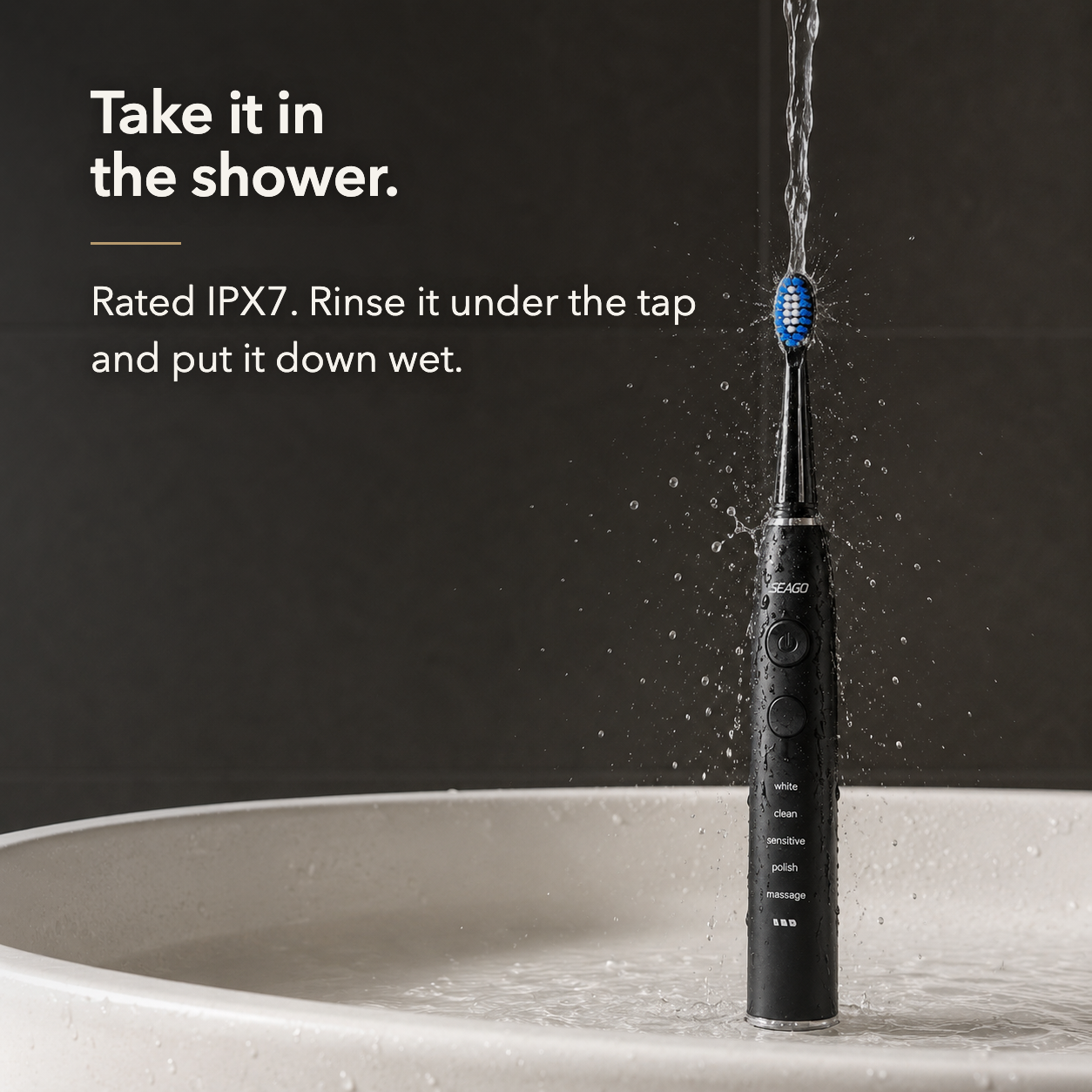 Electric toothbrush being rinsed under running water, rated IPX7