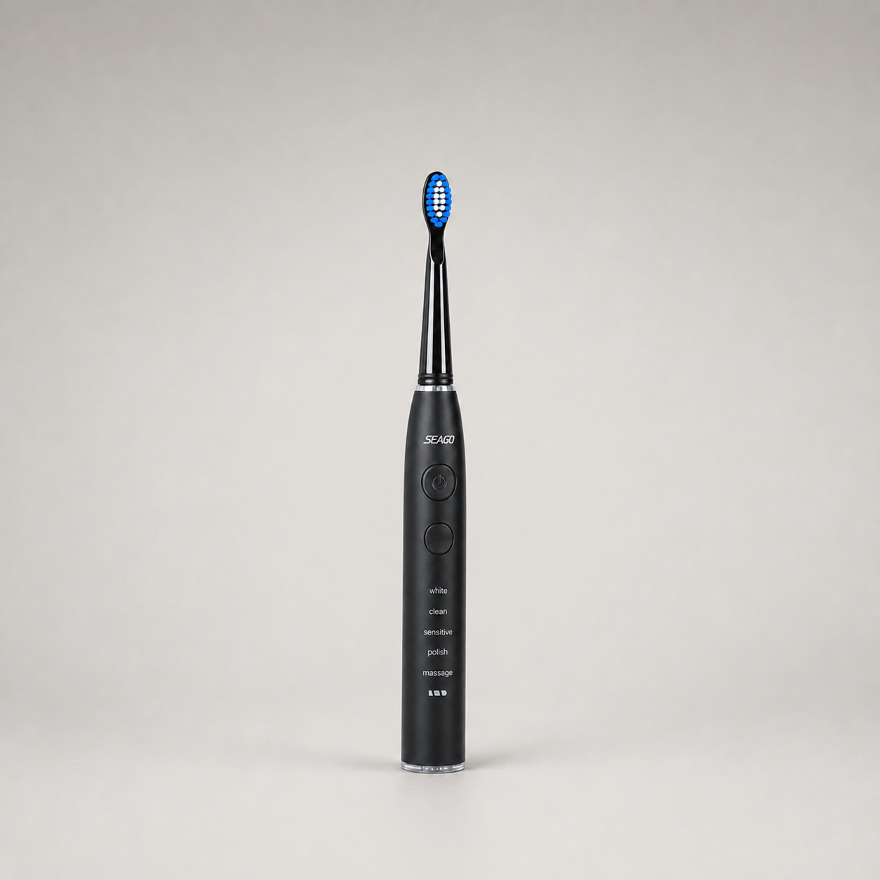 Electric toothbrush with its brush head fitted, shown front on