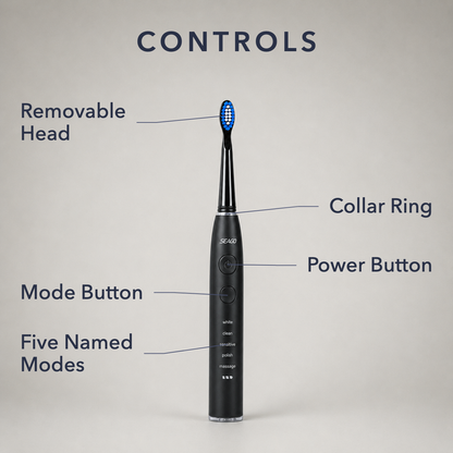Labelled diagram of the removable head, collar ring, power button, mode button and five named modes