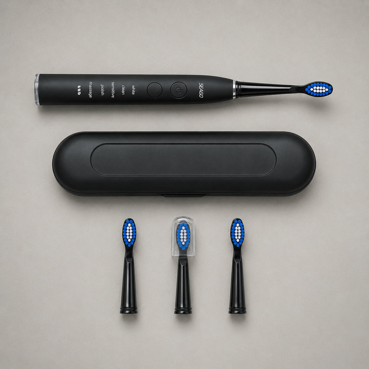 What is in the box: the handle, travel case, three spare brush heads and a bristle cap
