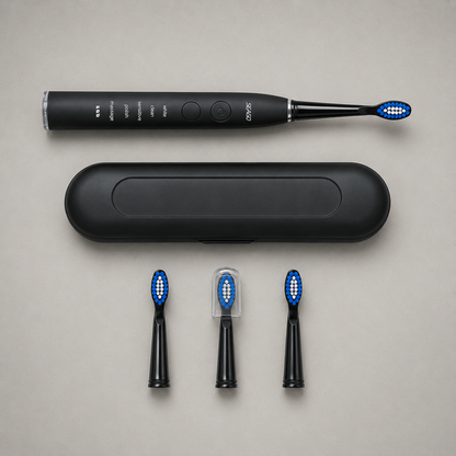 What is in the box: the handle, travel case, three spare brush heads and a bristle cap