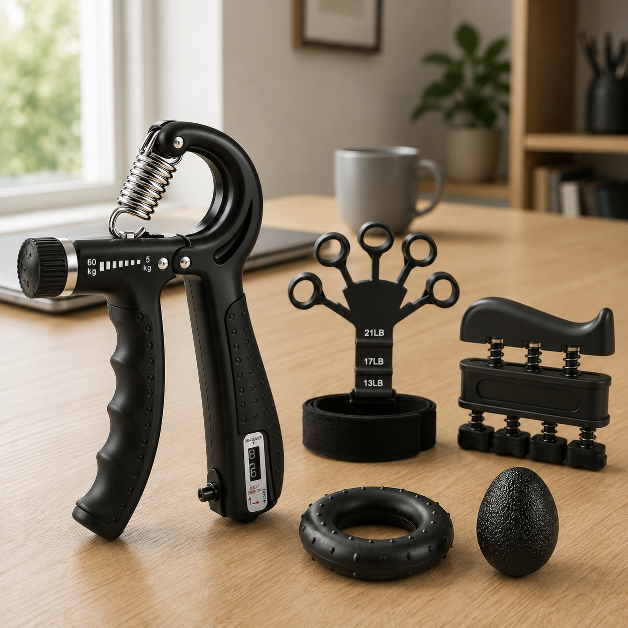 Black hand gripper, finger extensor, finger exerciser, forearm ring and grip ball on a light oak desk beside a window