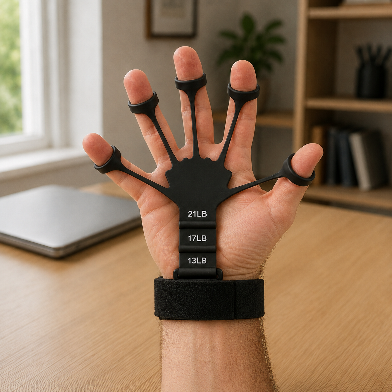 Black finger extensor worn on an open hand, all five finger loops in place and the wrist strap fastened